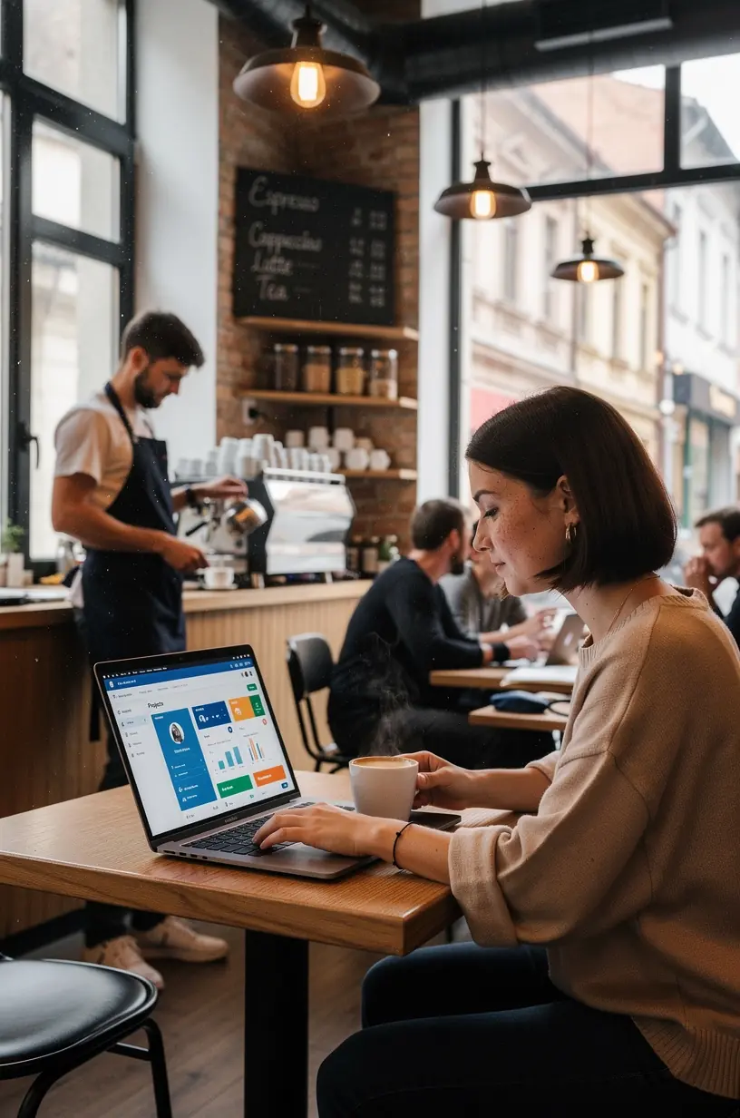 Imaginea unui laptop deschis cu o interfață digitală de gestionare a timpului afișată pe ecran, reprezentând optimizarea rutinei zilnice. Un profesionist analizând grafice și diagrame de productivitate pe un ecran dublu, ilustrând creșterea eficienței prin instrumente digitale. Un birou organizat cu diverse gadgeturi tehnologice și o agendă digitală, simbolizând simplificarea sarcinilor cotidiene. O reprezentare vizuală a unui flux de lucru digital, cu iconițe ce indică automatizarea proceselor pentru economie de timp.