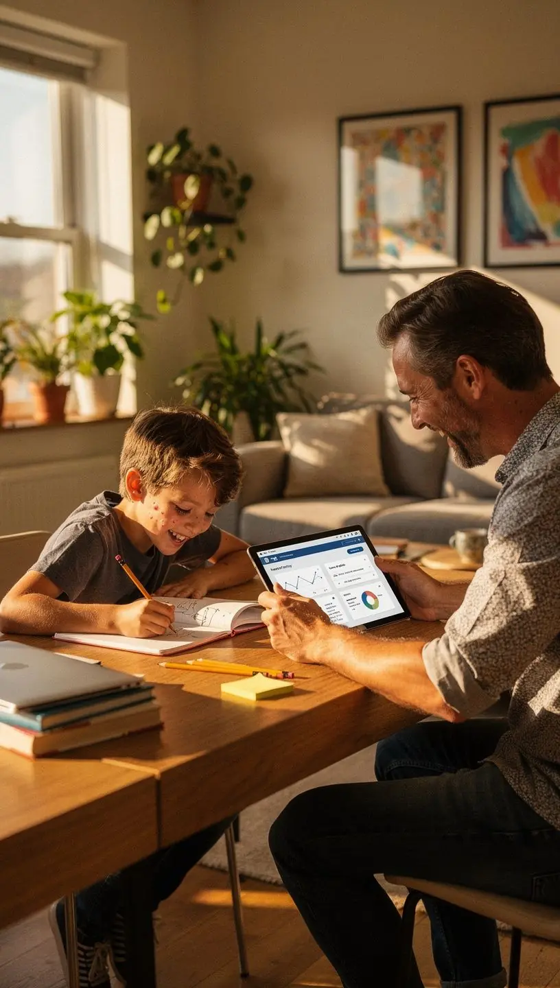 Imaginea unui laptop deschis cu o interfață digitală de gestionare a timpului afișată pe ecran, reprezentând optimizarea rutinei zilnice. Un profesionist analizând grafice și diagrame de productivitate pe un ecran dublu, ilustrând creșterea eficienței prin instrumente digitale. Un birou organizat cu diverse gadgeturi tehnologice și o agendă digitală, simbolizând simplificarea sarcinilor cotidiene. O reprezentare vizuală a unui flux de lucru digital, cu iconițe ce indică automatizarea proceselor pentru economie de timp.