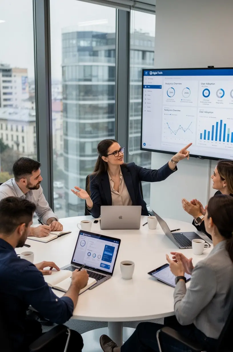 Imaginea unui laptop deschis cu o interfață digitală de gestionare a timpului afișată pe ecran, reprezentând optimizarea rutinei zilnice. Un profesionist analizând grafice și diagrame de productivitate pe un ecran dublu, ilustrând creșterea eficienței prin instrumente digitale. Un birou organizat cu diverse gadgeturi tehnologice și o agendă digitală, simbolizând simplificarea sarcinilor cotidiene. O reprezentare vizuală a unui flux de lucru digital, cu iconițe ce indică automatizarea proceselor pentru economie de timp.