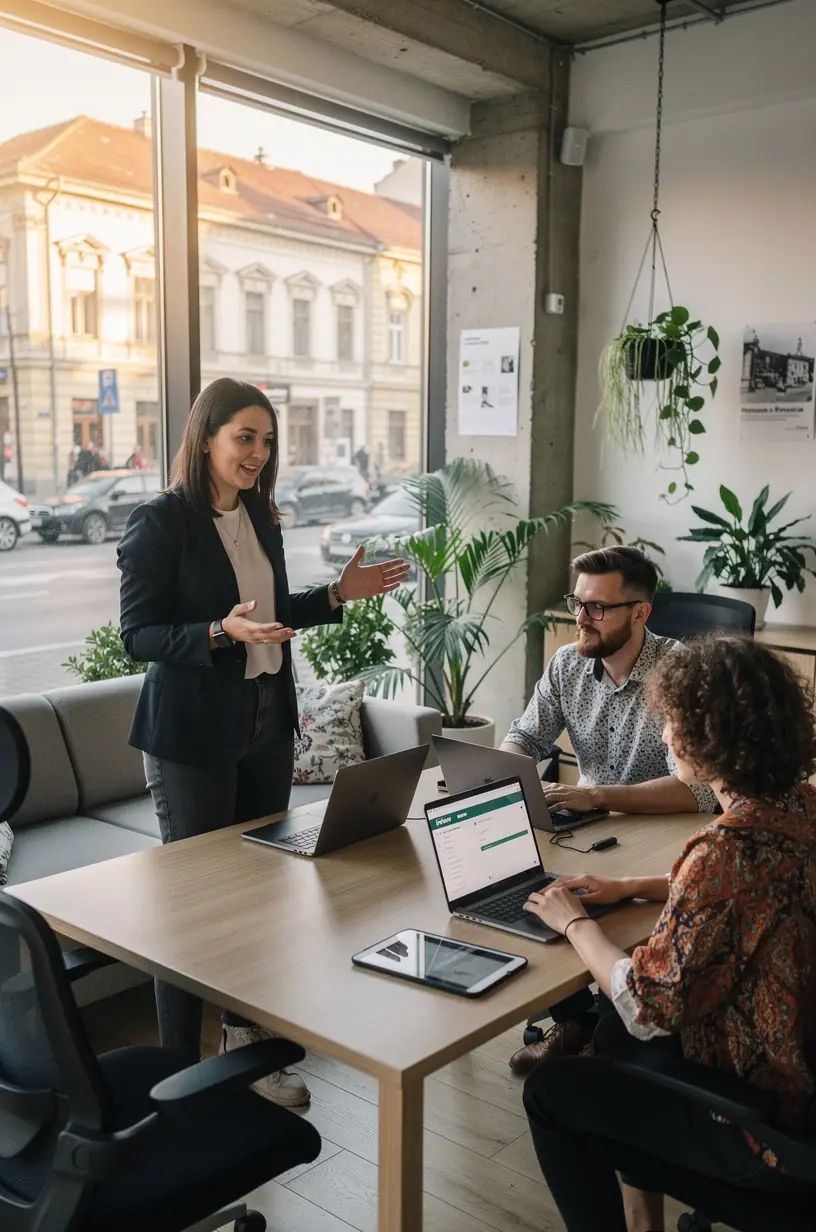 Imaginea unui laptop deschis cu o interfață digitală de gestionare a timpului afișată pe ecran, reprezentând optimizarea rutinei zilnice. Un profesionist analizând grafice și diagrame de productivitate pe un ecran dublu, ilustrând creșterea eficienței prin instrumente digitale. Un birou organizat cu diverse gadgeturi tehnologice și o agendă digitală, simbolizând simplificarea sarcinilor cotidiene. O reprezentare vizuală a unui flux de lucru digital, cu iconițe ce indică automatizarea proceselor pentru economie de timp.