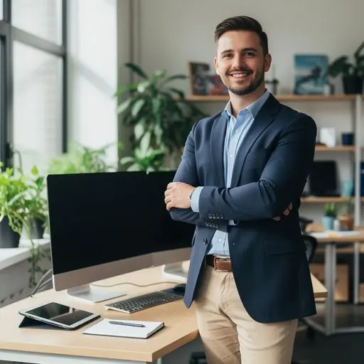 Imaginează-ți un birou modern cu un laptop deschis pe o pagină web ce oferă recenzii despre instrumente digitale pentru optimizarea muncii zilnice. Un profesionist analizează grafice și date pe un ecran, evidențiind soluții digitale pentru eficiență crescută în sarcinile repetitive. O mână ține un smartphone afișând o aplicație de gestionare a timpului, ilustrând utilizarea tehnologiei pentru simplificarea rutinei de lucru.