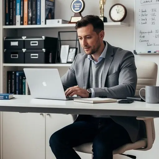 Imaginează-ți un birou modern cu un laptop deschis pe o pagină web ce oferă recenzii despre instrumente digitale pentru optimizarea muncii zilnice. Un profesionist analizează grafice și date pe un ecran, evidențiind soluții digitale pentru eficiență crescută în sarcinile repetitive. O mână ține un smartphone afișând o aplicație de gestionare a timpului, ilustrând utilizarea tehnologiei pentru simplificarea rutinei de lucru.